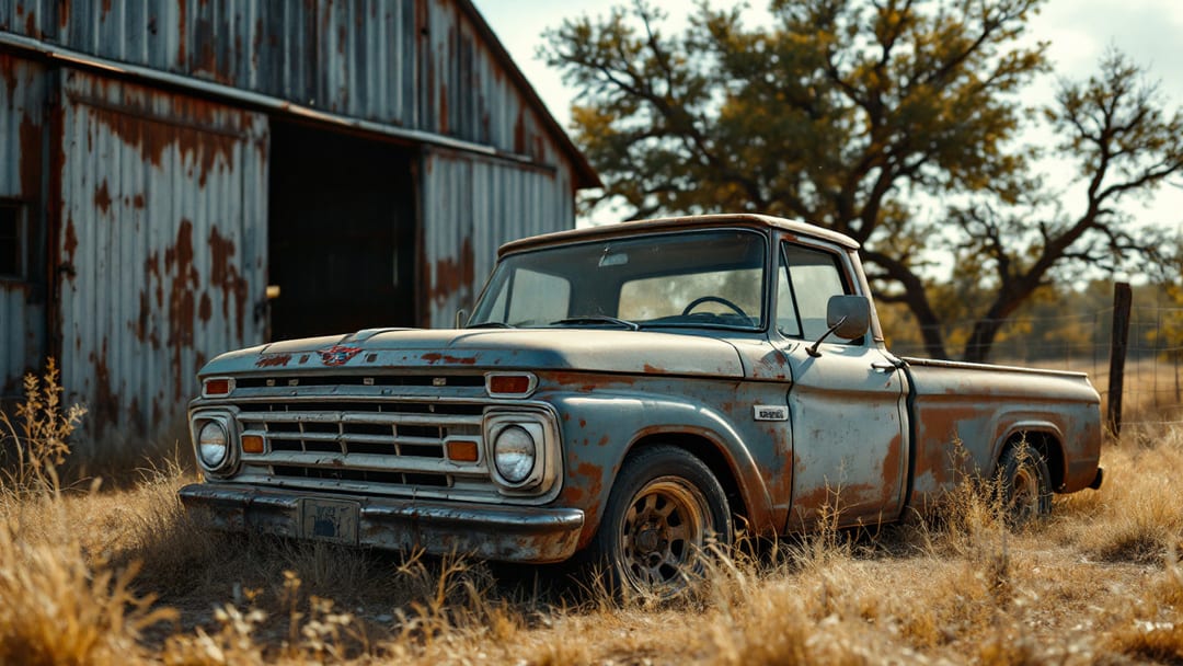 Camioneta antigua cubierta de polvo estacionada junto a un granero metálico en un rancho de Texas, pasto seco alrededor