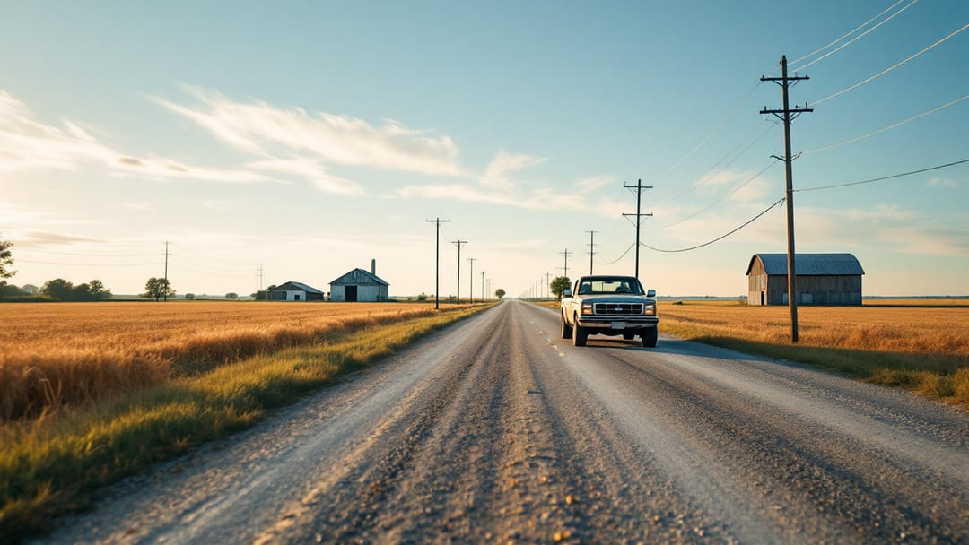 Carretera rural de dos carriles en el norte de Texas con silos y campos abiertos al fondo bajo cielo despejado