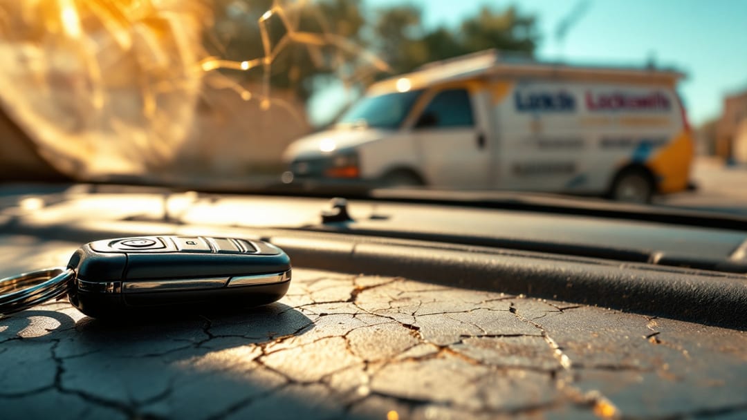 Key fob de carro sobre un tablero recalentado por el sol de verano de Texas en Cleburne, con reflejo de calor en el parabrisas