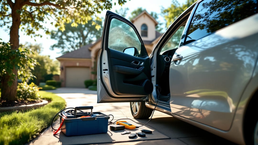 Van de cerrajero móvil estacionada en la entrada de una casa junto a un sedán con un programador OBD conectado, en una mañana soleada de Texas