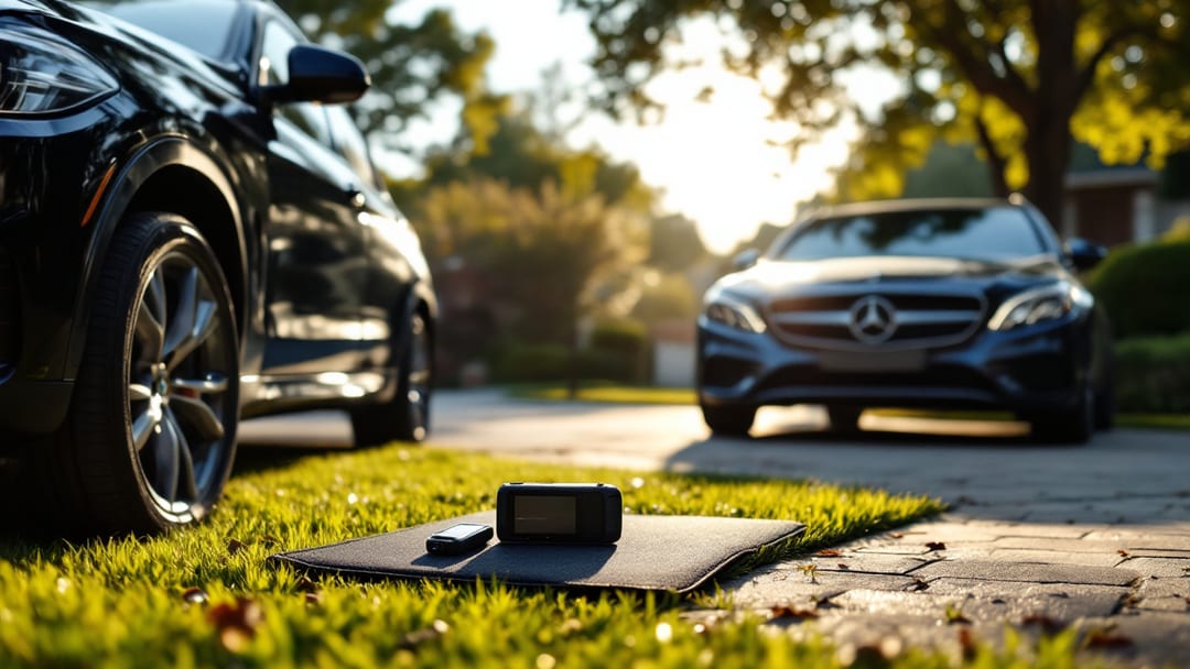 Programador de llaves Autel junto a un BMW y un Mercedes-Benz en una entrada residencial de Cleburne al amanecer