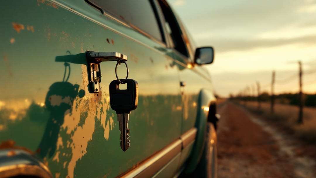 Jeep todoterreno clásico de los años noventa estacionado en un camino de terracería al atardecer, con la puerta del conductor abierta
