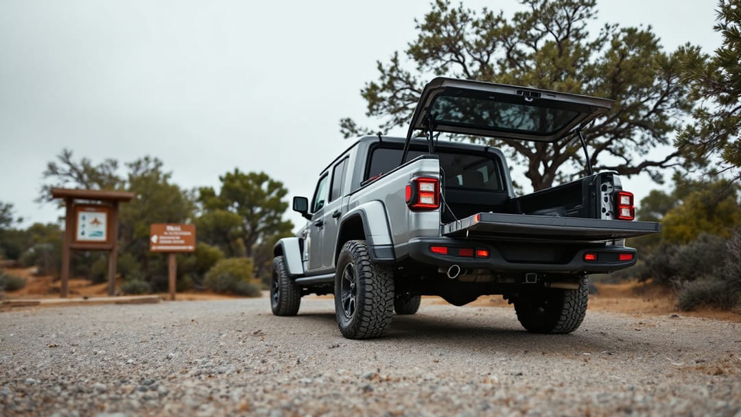 Jeep Gladiator estacionado una mañana nublada en el acceso a senderos de un parque estatal de Texas mientras se programa una llave de repuesto