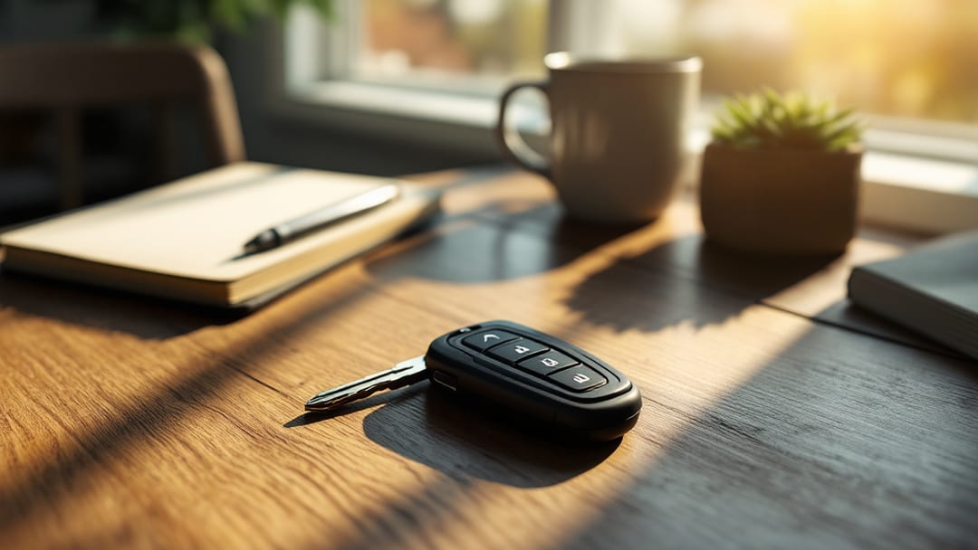 Llave de proximidad tipo navaja de un compacto europeo sobre una mesa de madera junto a un cuaderno, luz suave de ventana