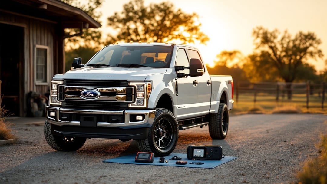 Ford F-250 Super Duty en entrada de grava de un rancho cerca de Cleburne mientras un cerrajero corta una llave por VIN