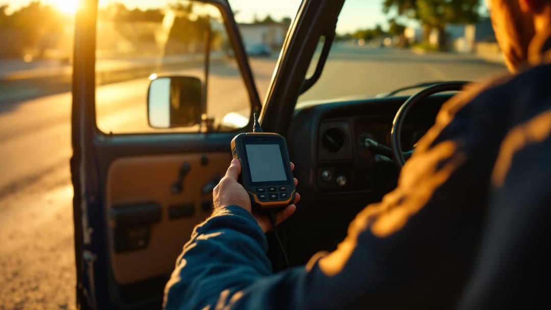 Equipo de diagnóstico conectado bajo el volante de una camioneta con la puerta abierta en un estacionamiento de tarde