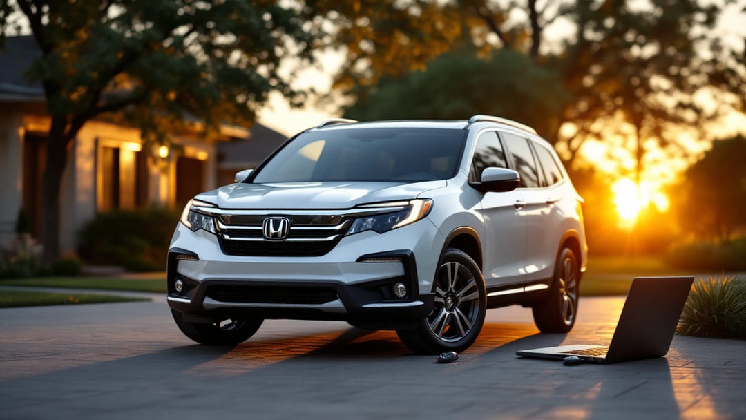 Honda Pilot blanca en una entrada de Cleburne al atardecer con una smart key Honda y una laptop de diagnóstico de cerrajero en el asiento