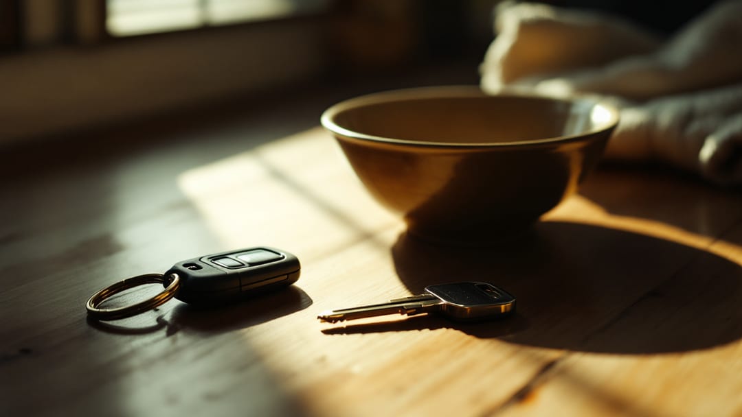 Una sola llave de carro con llavero gastado sobre una encimera de cocina junto a un tazón vacío, luz de mañana
