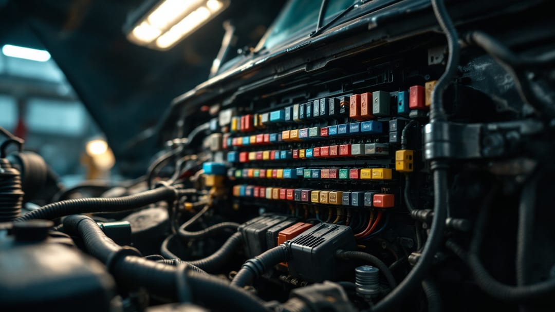 Caja de fusibles y relés abierta en el compartimiento del motor de una camioneta pesada, con tapa levantada bajo luz de taller