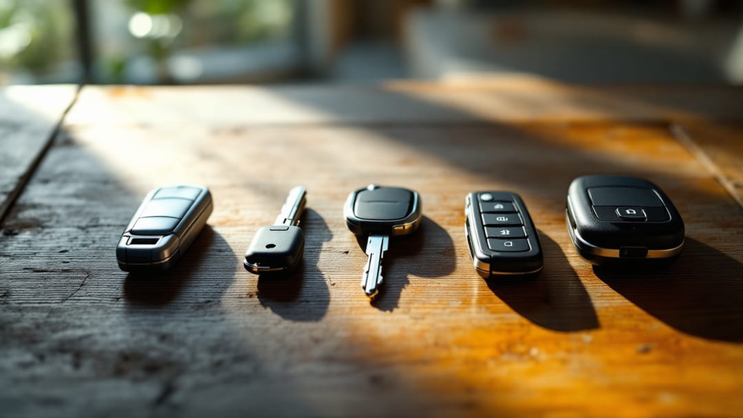 Cinco tipos de llaves de carro ordenadas sobre una mesa de madera: mecánica, transponder, flip key, fob y smart key