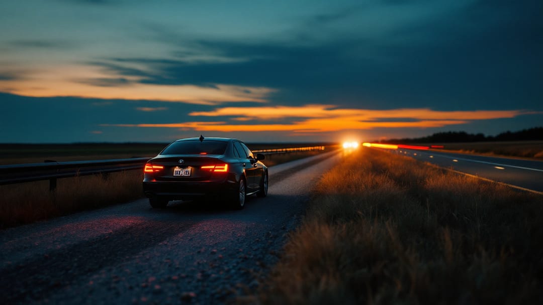 Vehículo detenido en el acotamiento de una carretera de Texas al atardecer con las luces intermitentes encendidas